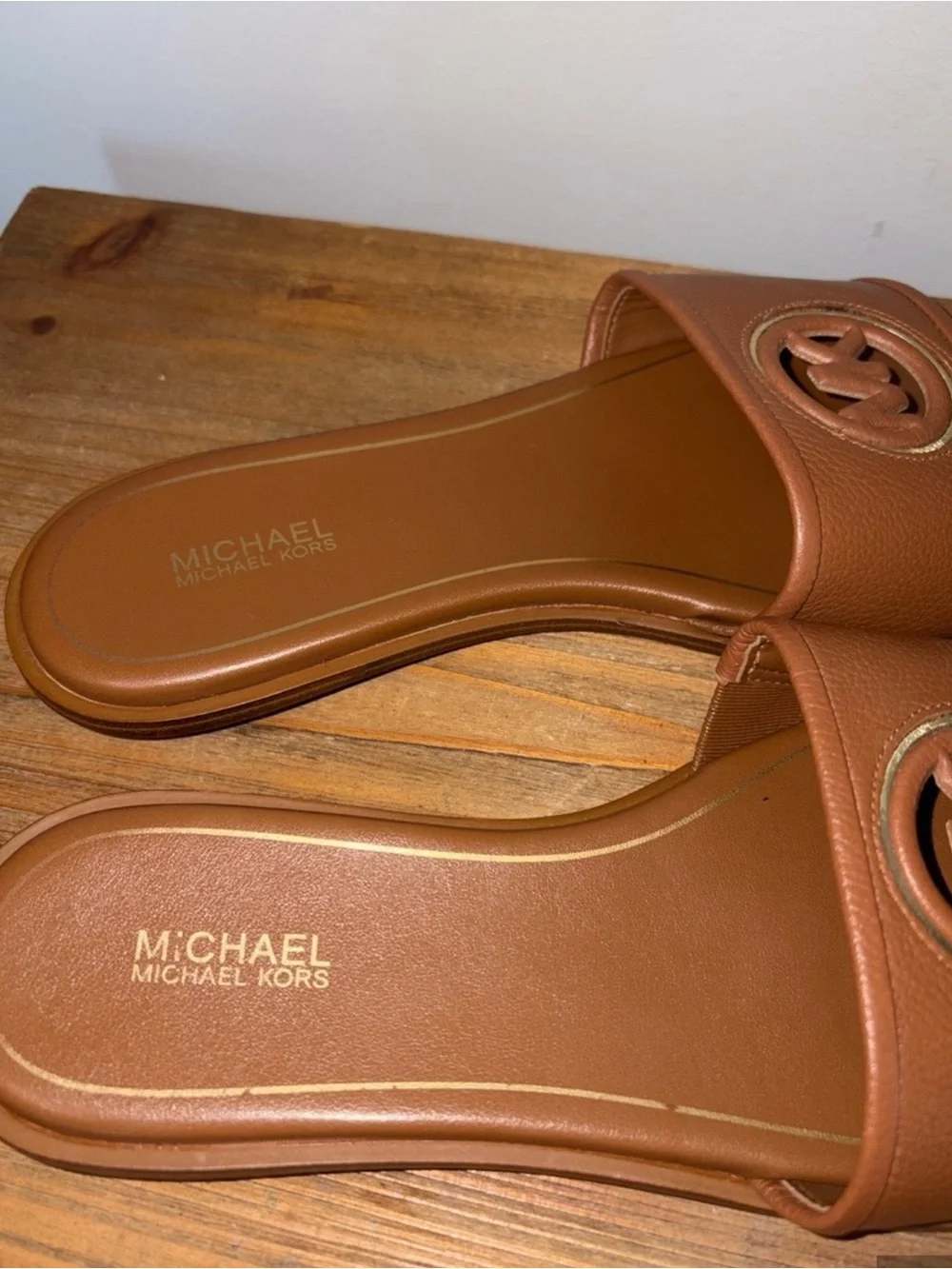 Michael Kors Cognac Brown Leather Logo Slide Sandals
